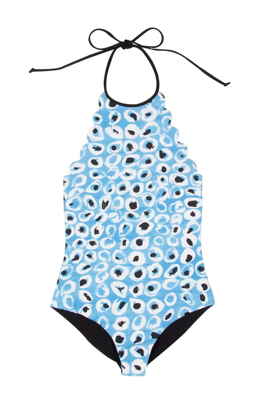 Marysia Swim Mott Maillot One Piece Halter Scalloped Edge Blue Print Swimsuit S